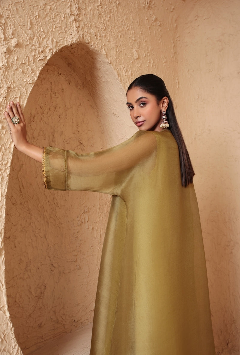 Olive Green Heavy Yoke Kaftan Nihira Kurta Set
