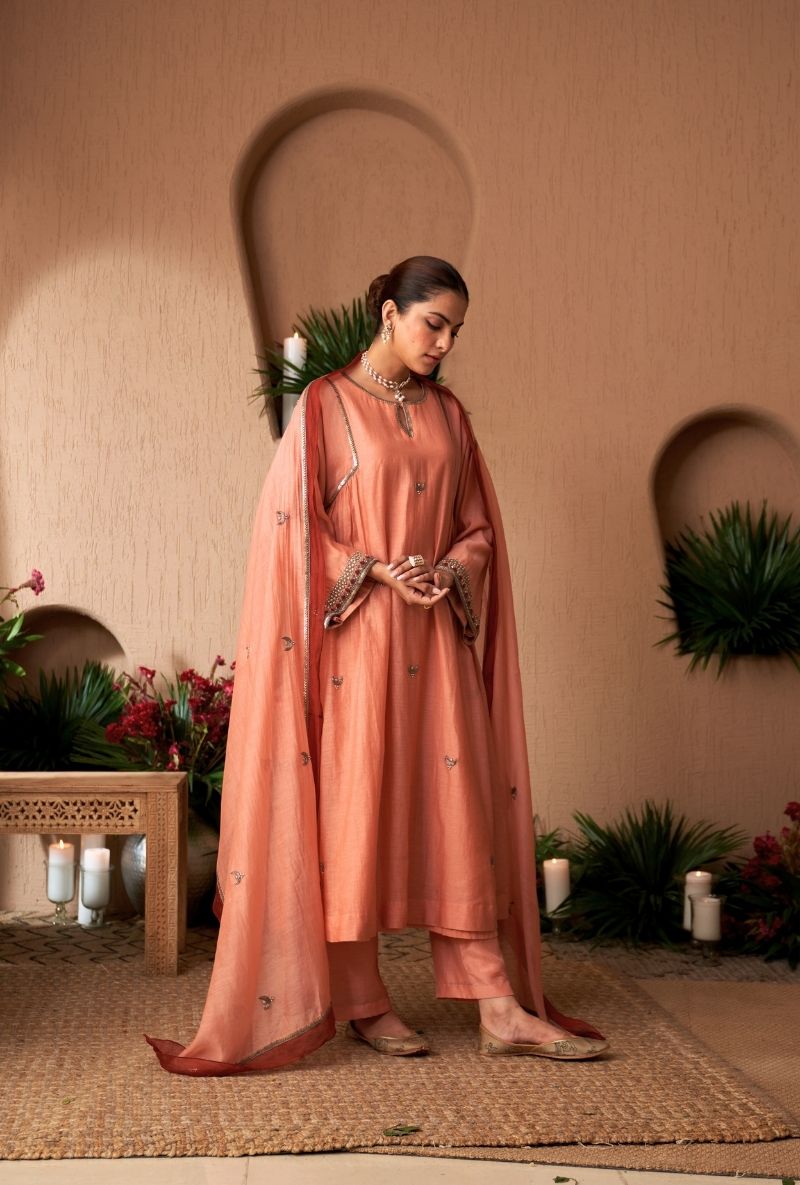 Peach Square Sleeve Naveli Kurta Set