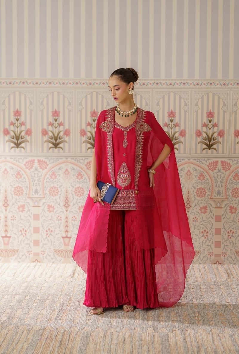 Red Resham and Dori Hand Embroidered Mallika Cape Set