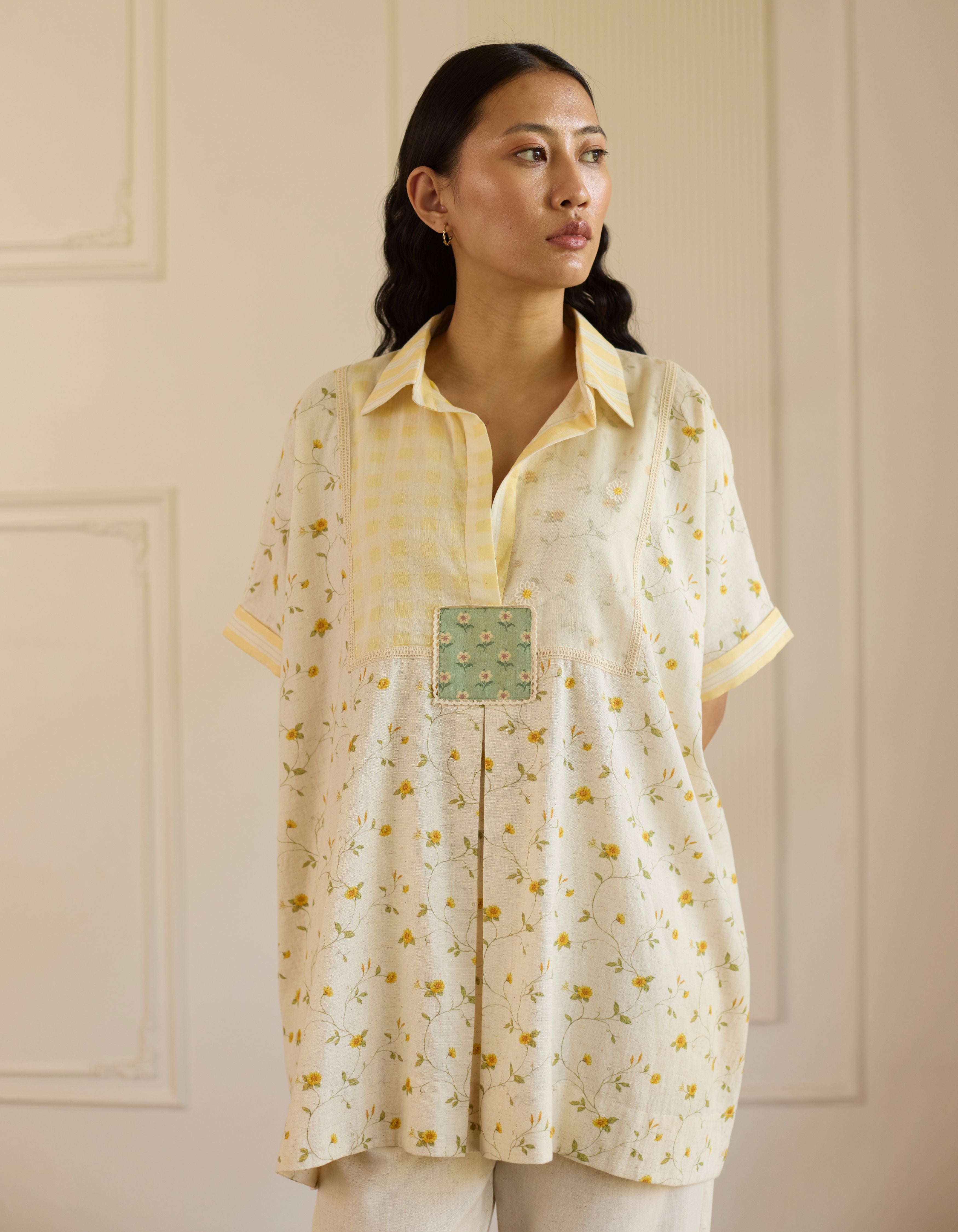 White And Green Patchwork Yoke Kaftan Style Amelia Co-Ord Set