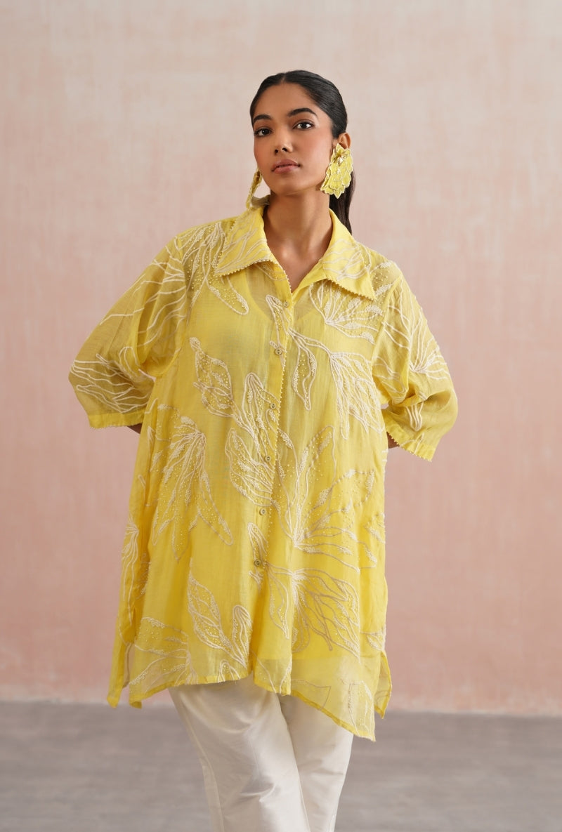 Lemon Yellow Pearl Embroidered Shirt Prisha Co-ord Set