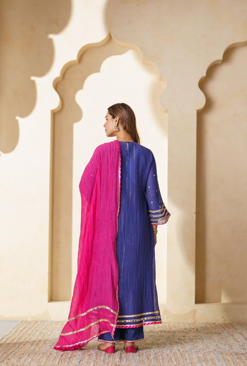 Blue Square Yoke Front Gather Nargis Kurta Set