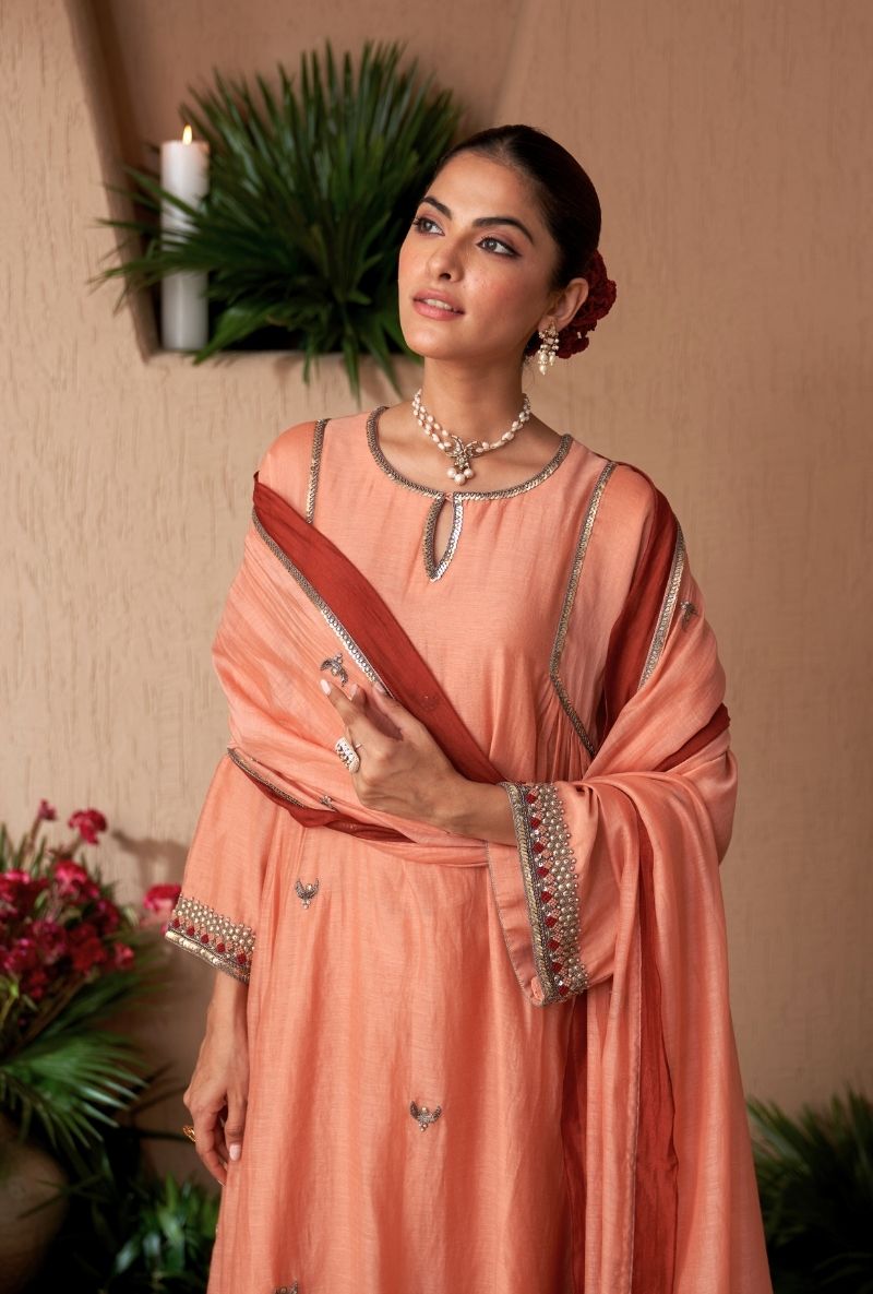 Peach Square Sleeve Naveli Kurta Set