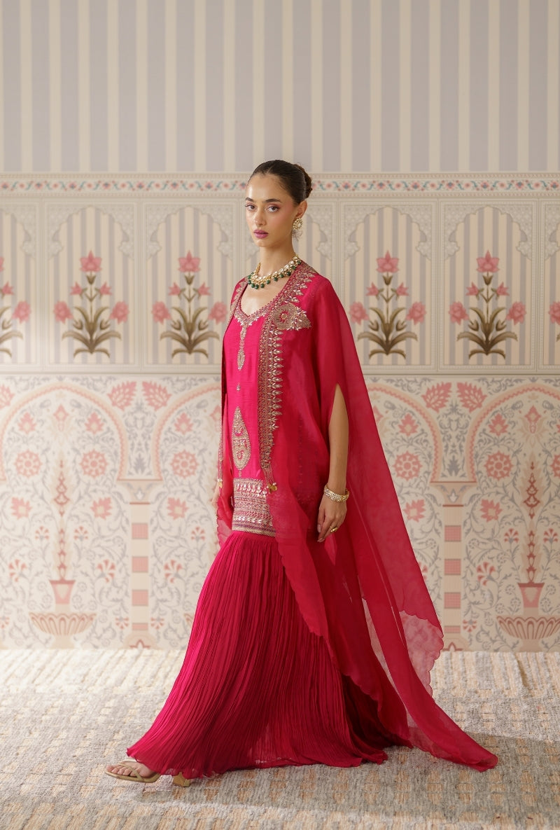 Red Resham and Dori Hand Embroidered Mallika Cape Set