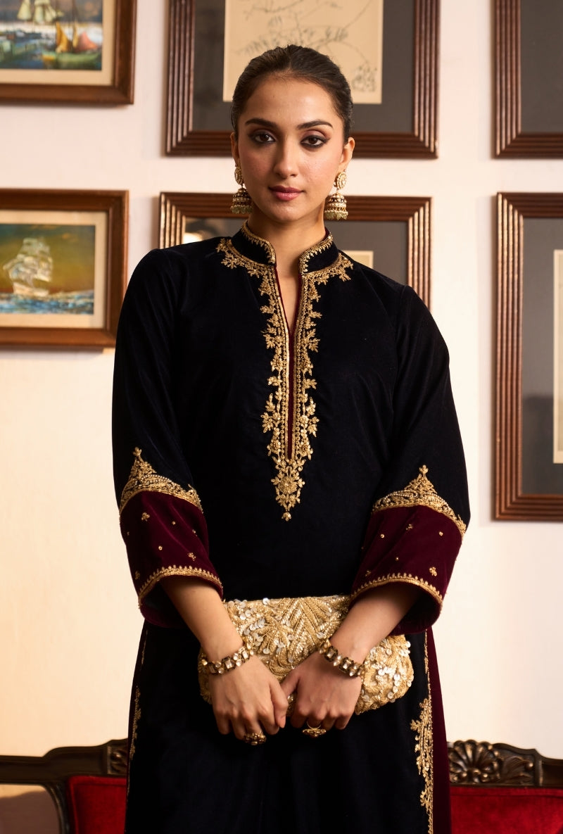 Navy Blue Chinese Collar Dilbar Kurta Set