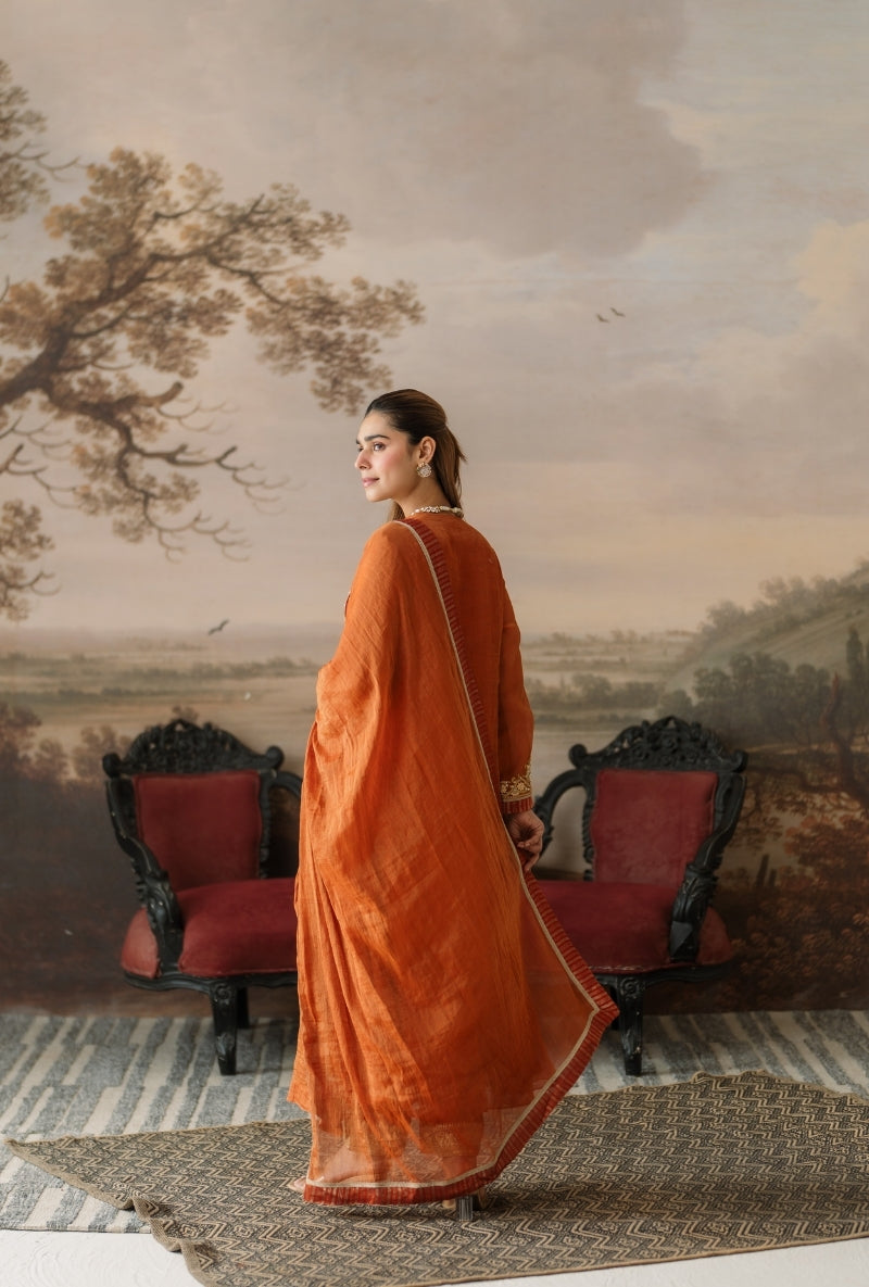 Rust Pita Zari Heavy Yoke Gulbano Anarkali Set