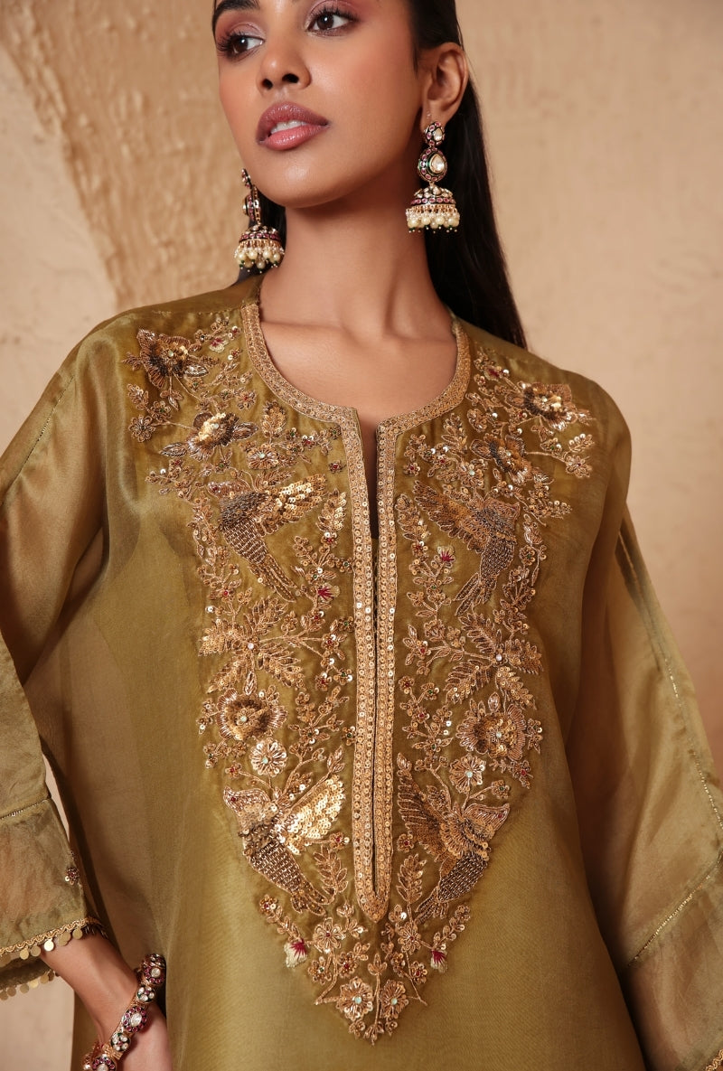 Olive Green Heavy Yoke Kaftan Nihira Kurta Set