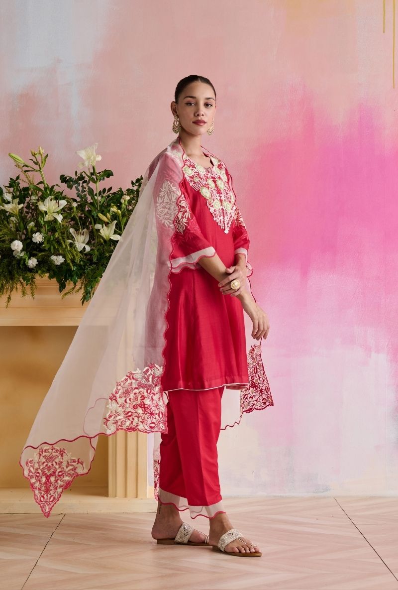 Raspberry Pink Embroidered Heavy Yoke Amara Kurta Set