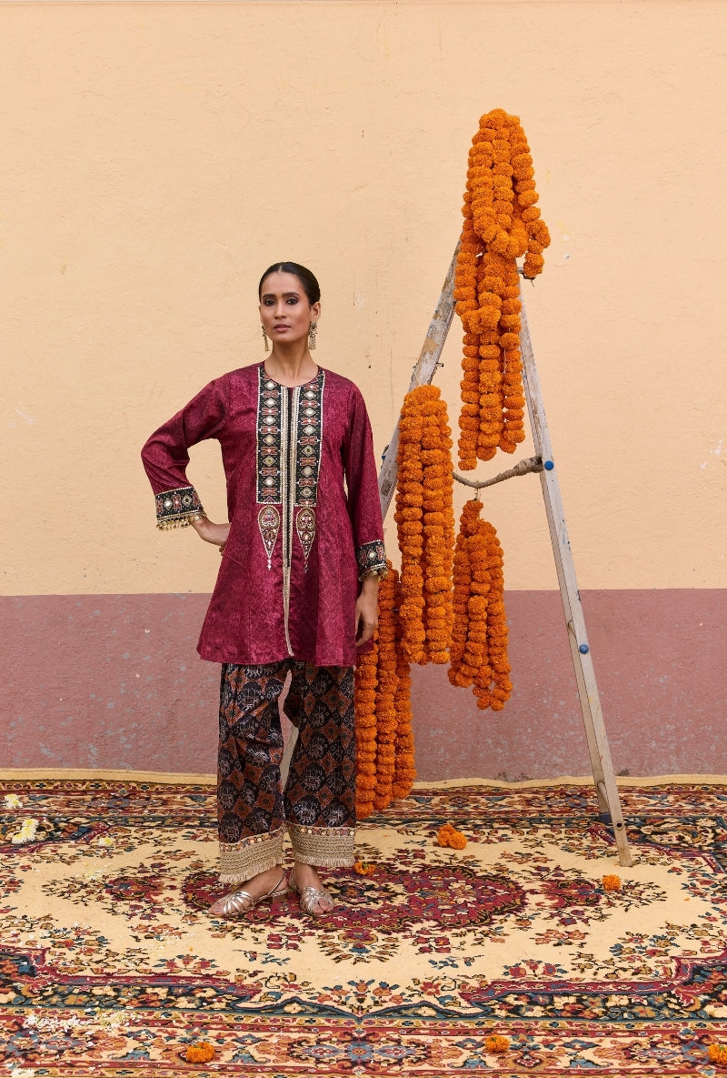 Maroon Printed Jacket Oorja Salwar Set