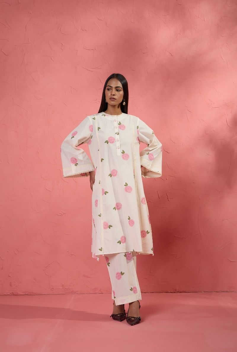 Off White Pink Rose Front Yoke Bulbul Kurta Set