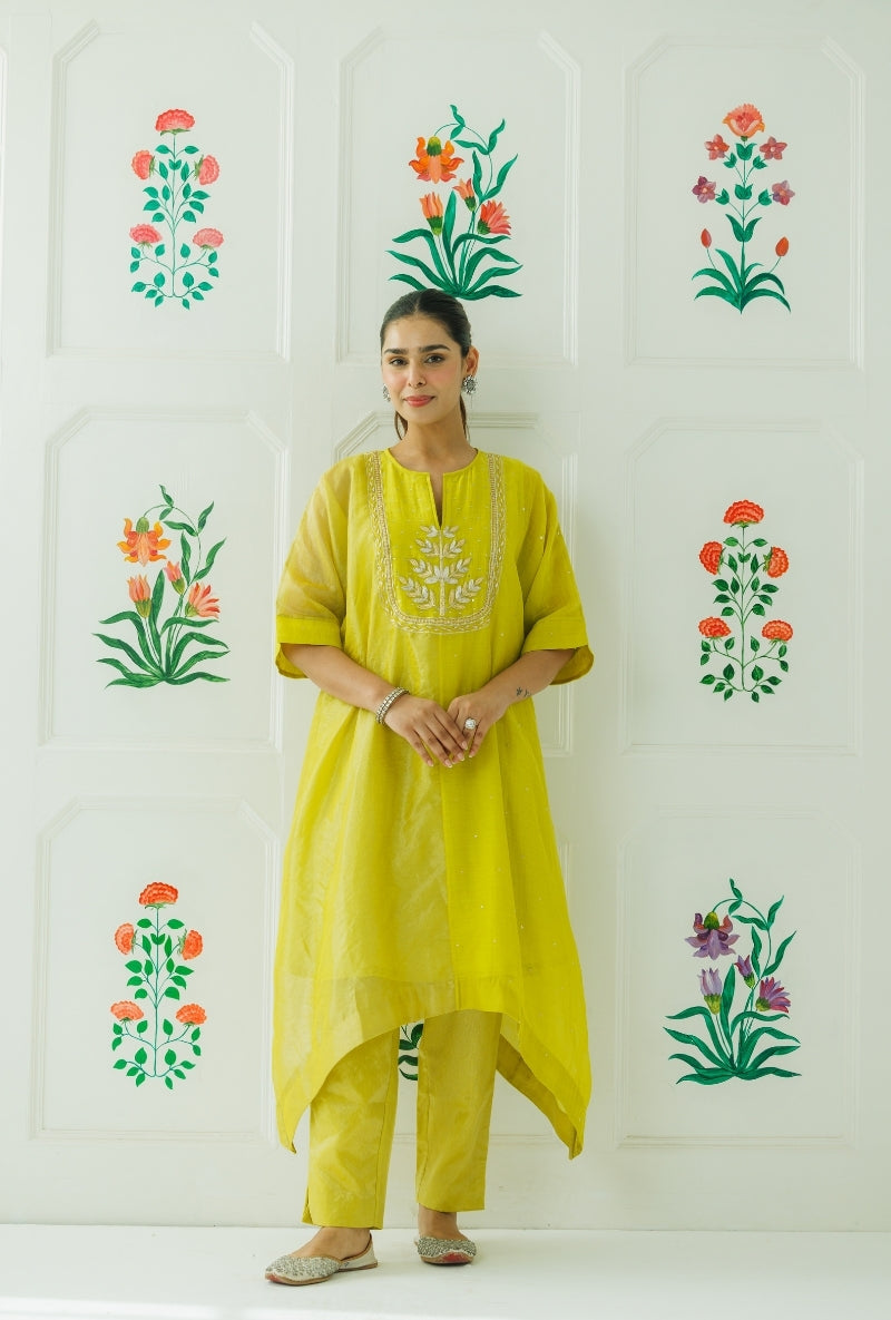 Lime Green Hand Embroidered Yoke Baani Kaftan Set