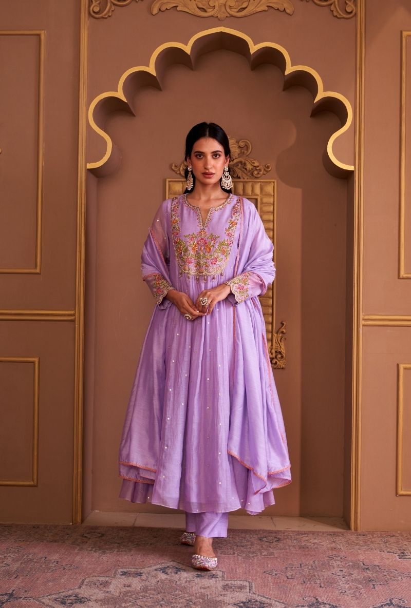 Lilac Resham Front Pleat Rasia Kurta Set