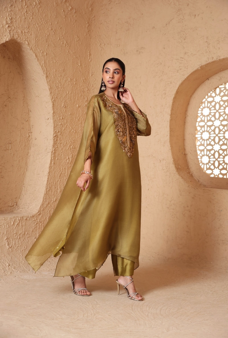 Olive Green Heavy Yoke Kaftan Nihira Kurta Set