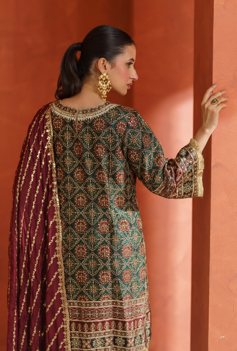 Mehendi Green Ajrak Print Vira Gharara Set