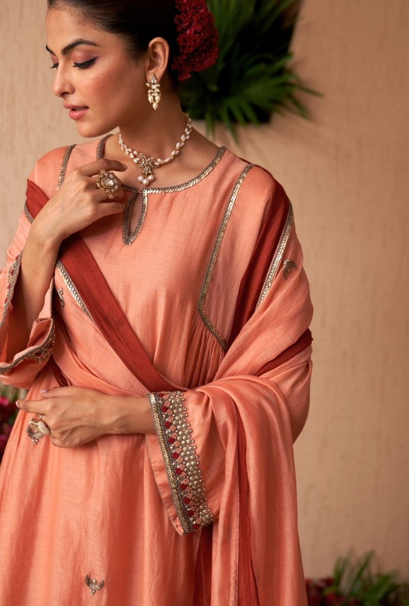 Peach Square Sleeve Naveli Kurta Set