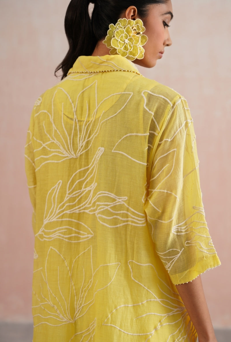 Lemon Yellow Pearl Embroidered Shirt Prisha Co-ord Set