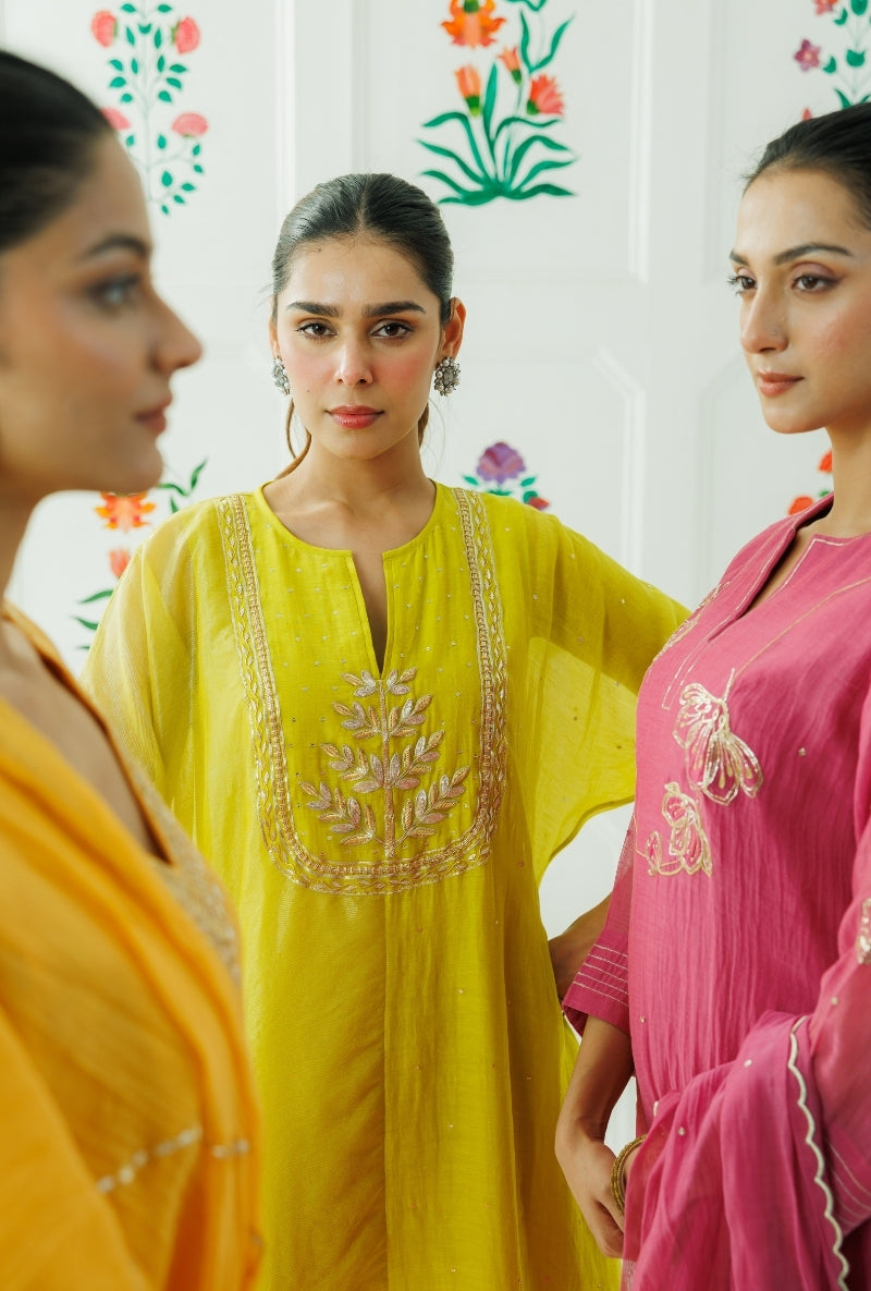 Lime Green Hand Embroidered Yoke Baani Kaftan Set