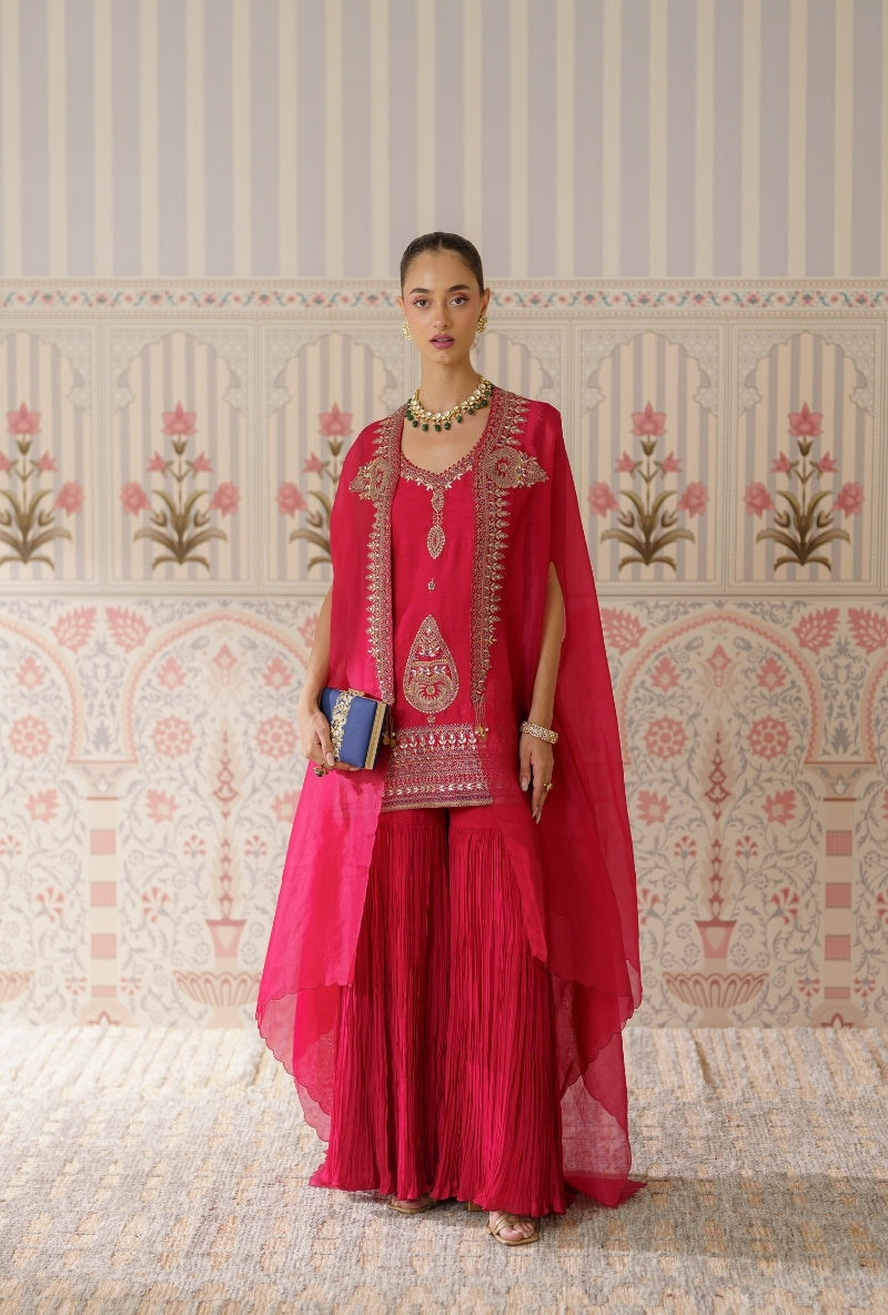 Red Resham and Dori Hand Embroidered Mallika Cape Set