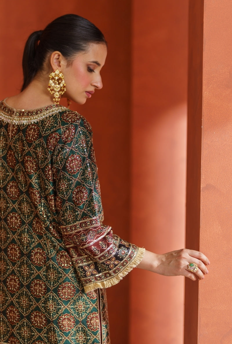 Mehendi Green Ajrak Print Vira Gharara Set