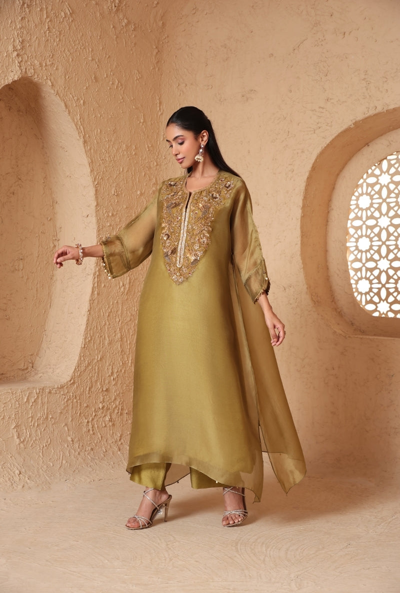 Olive Green Heavy Yoke Kaftan Nihira Kurta Set