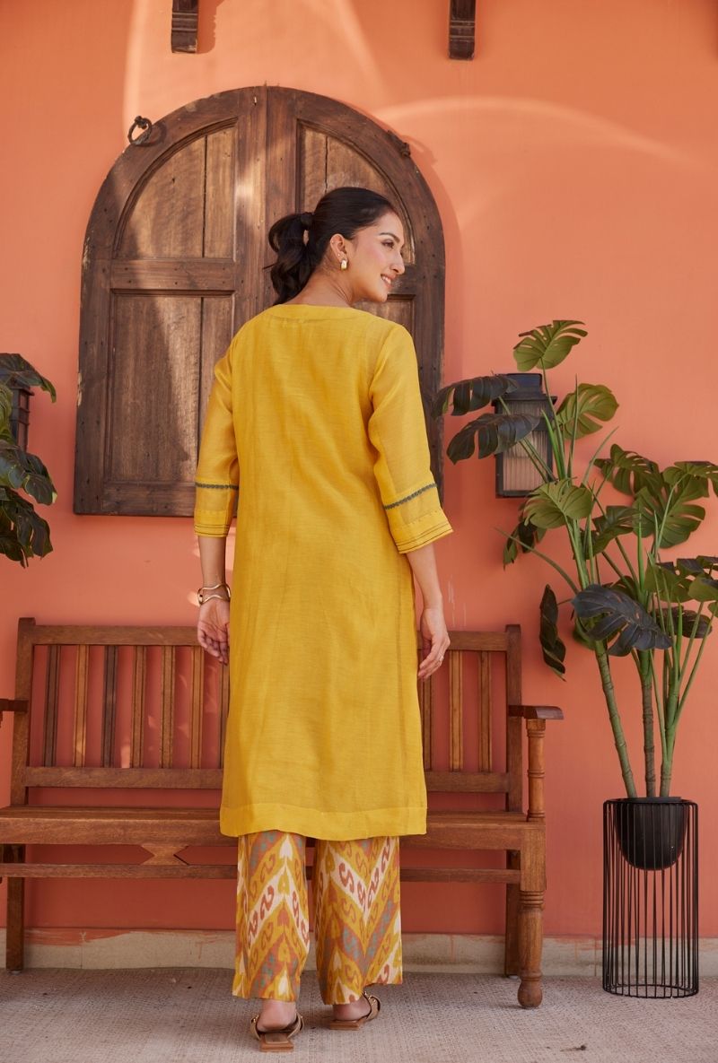 Yellow Anaar Butta Embroidered Yoke Maeri Kurta Set