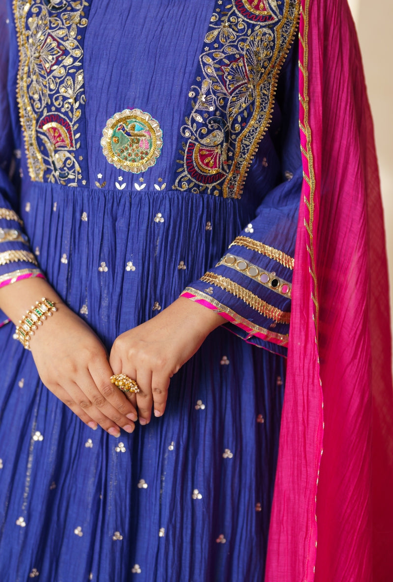 Blue Square Yoke Front Gather Nargis Kurta Set