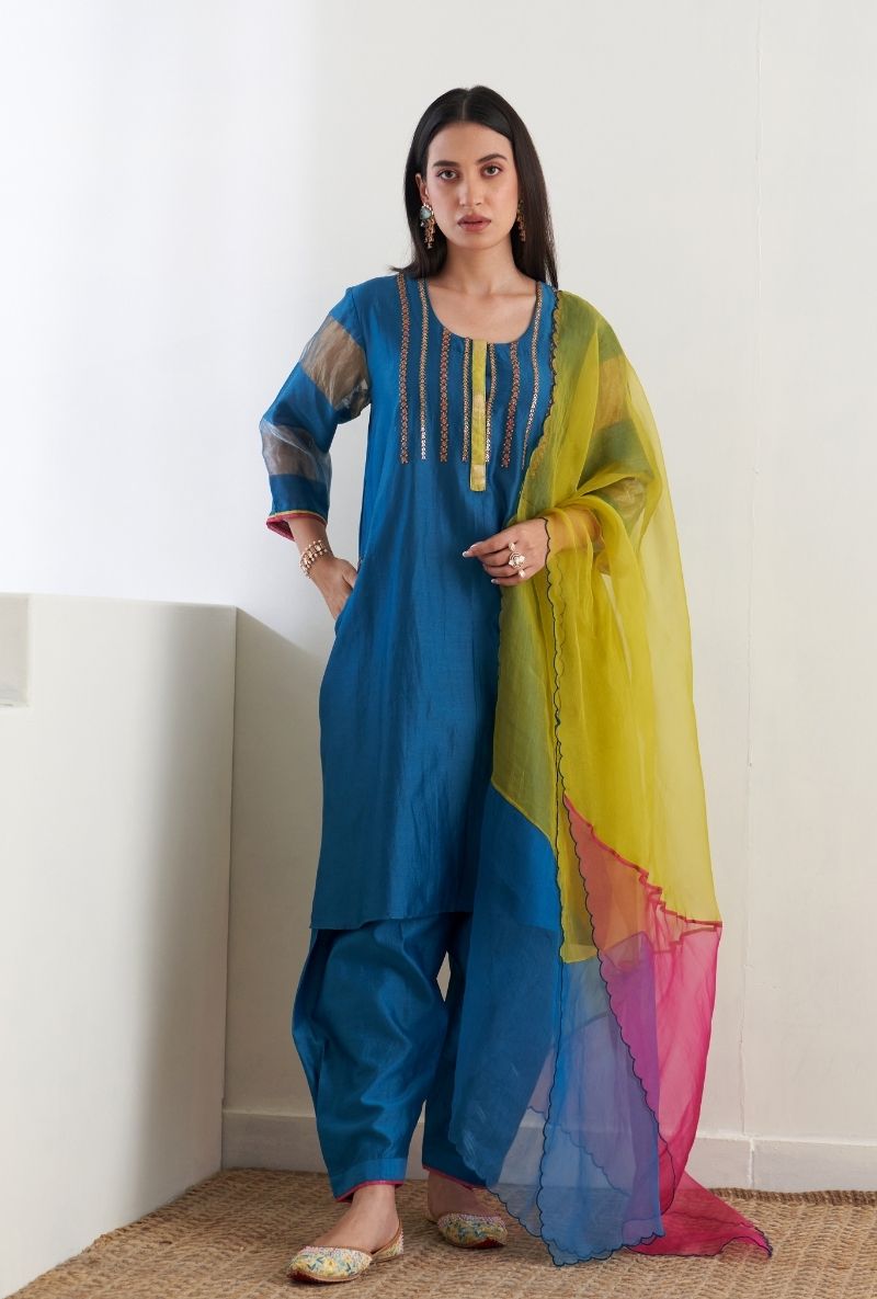 Teal Blue French Knot Sequin Ruhi 2.0  Salwar Set