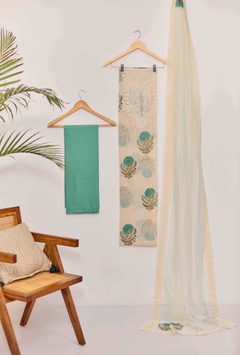 Block Print Thread and Zari Embroidered Unstitched Suit Set