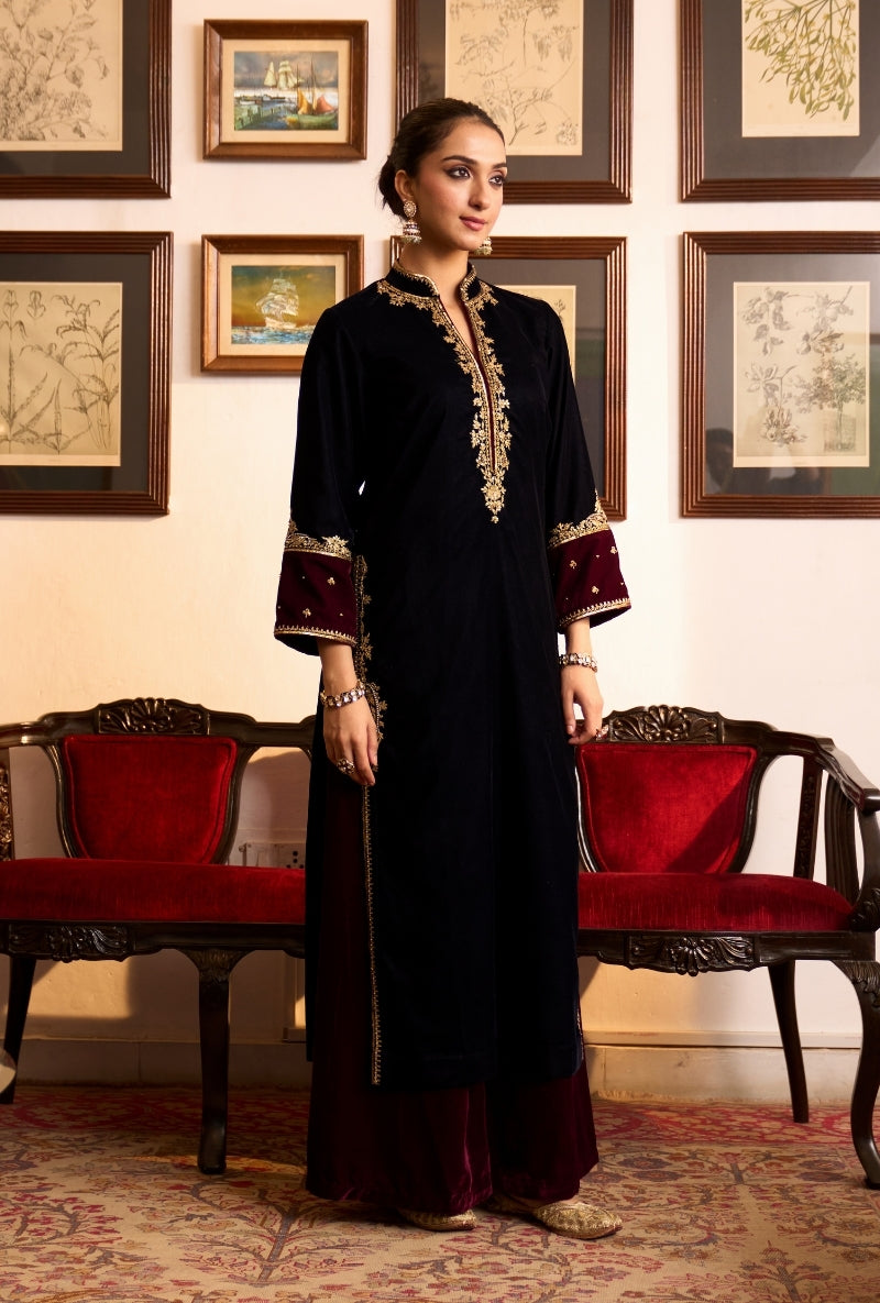Navy Blue Chinese Collar Dilbar Kurta Set