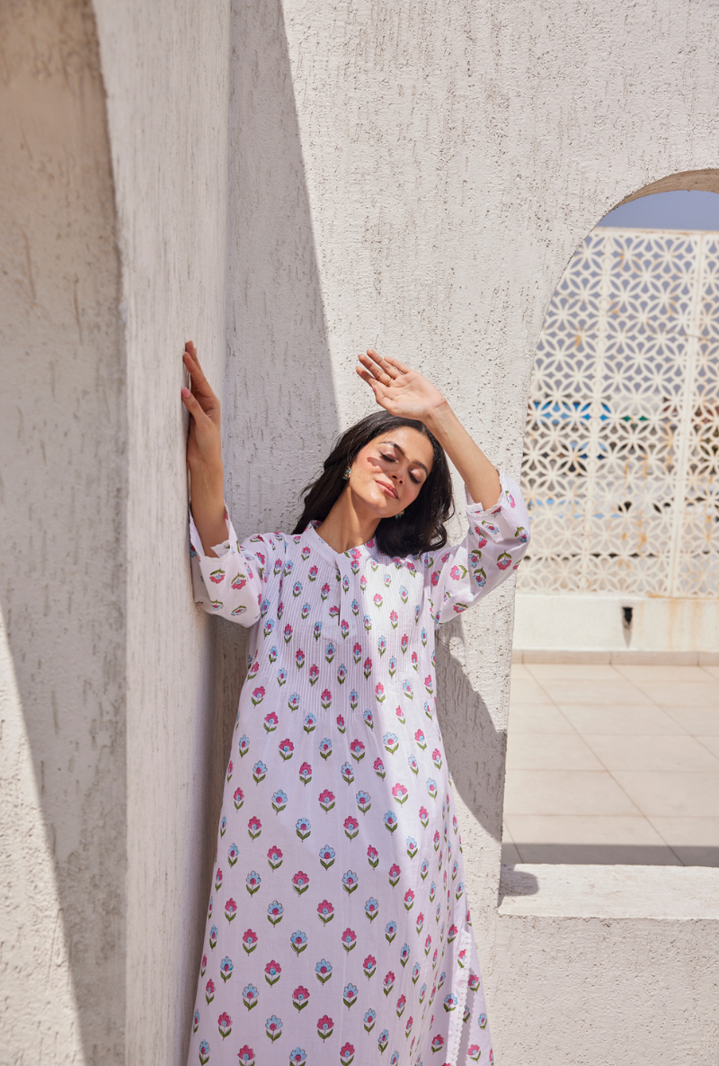 Blue And Pink Ditsy Floral Print Peony Kurta Set