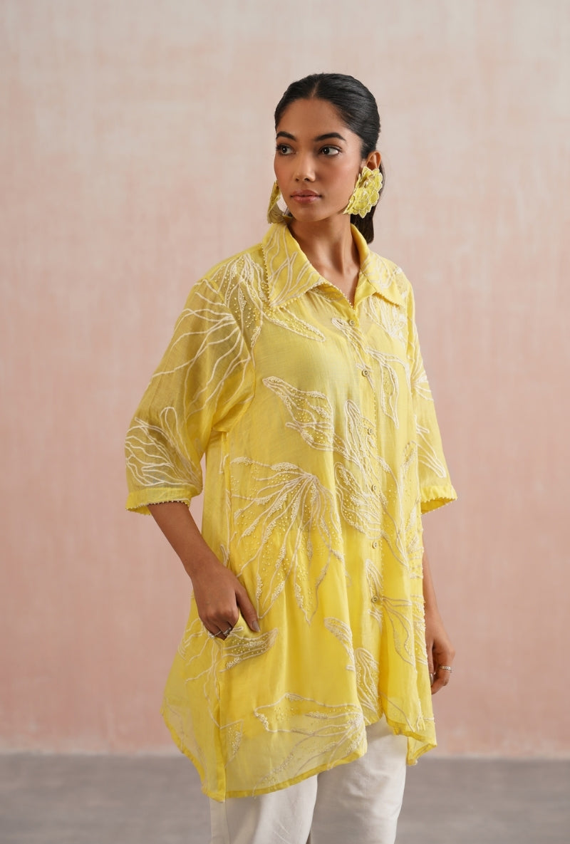 Lemon Yellow Pearl Embroidered Shirt Prisha Co-ord Set