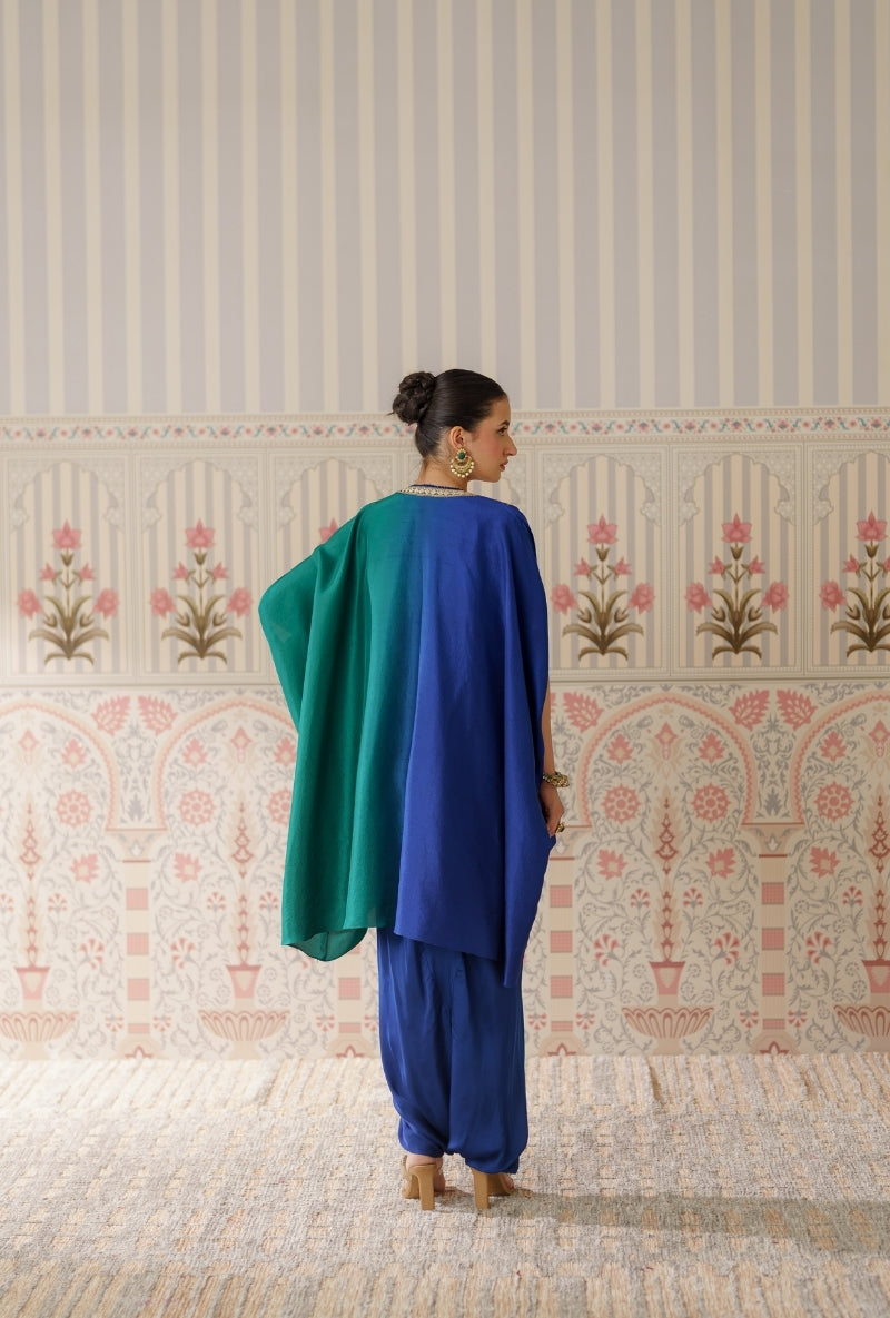 Blue &amp; Green Ombre Heavy Yoke Hand Embroidery Mallika Kurta Set