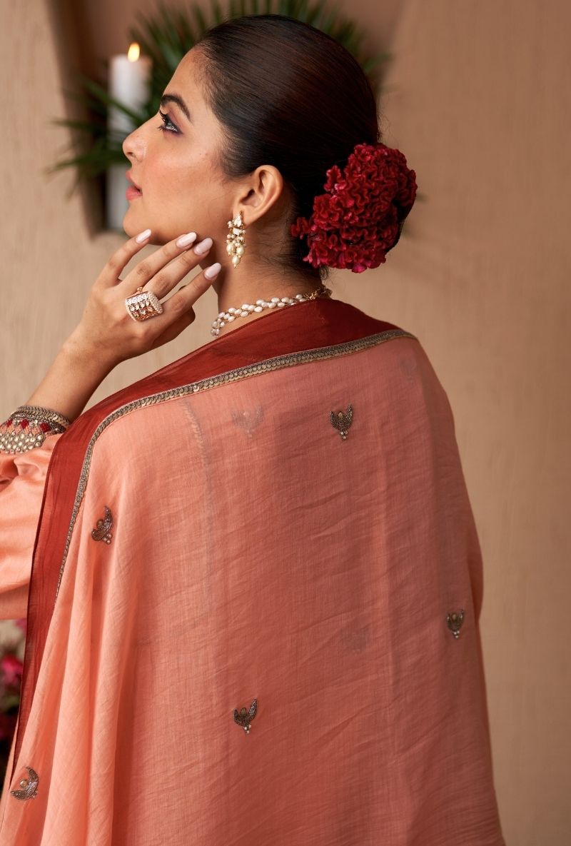 Peach Square Sleeve Naveli Kurta Set