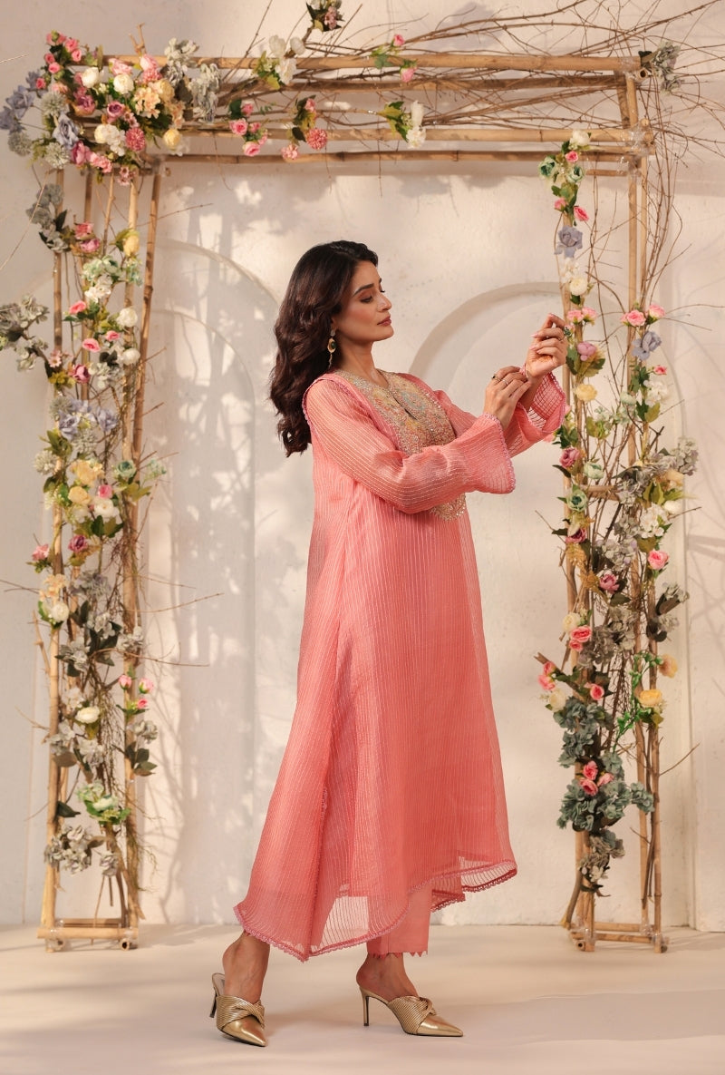 Pink Applique Yoke Saaz Kurta Set