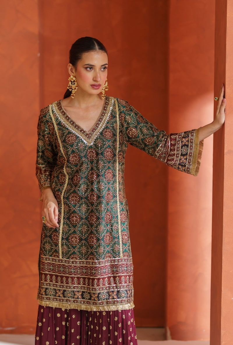 Mehendi Green Ajrak Print Vira Gharara Set
