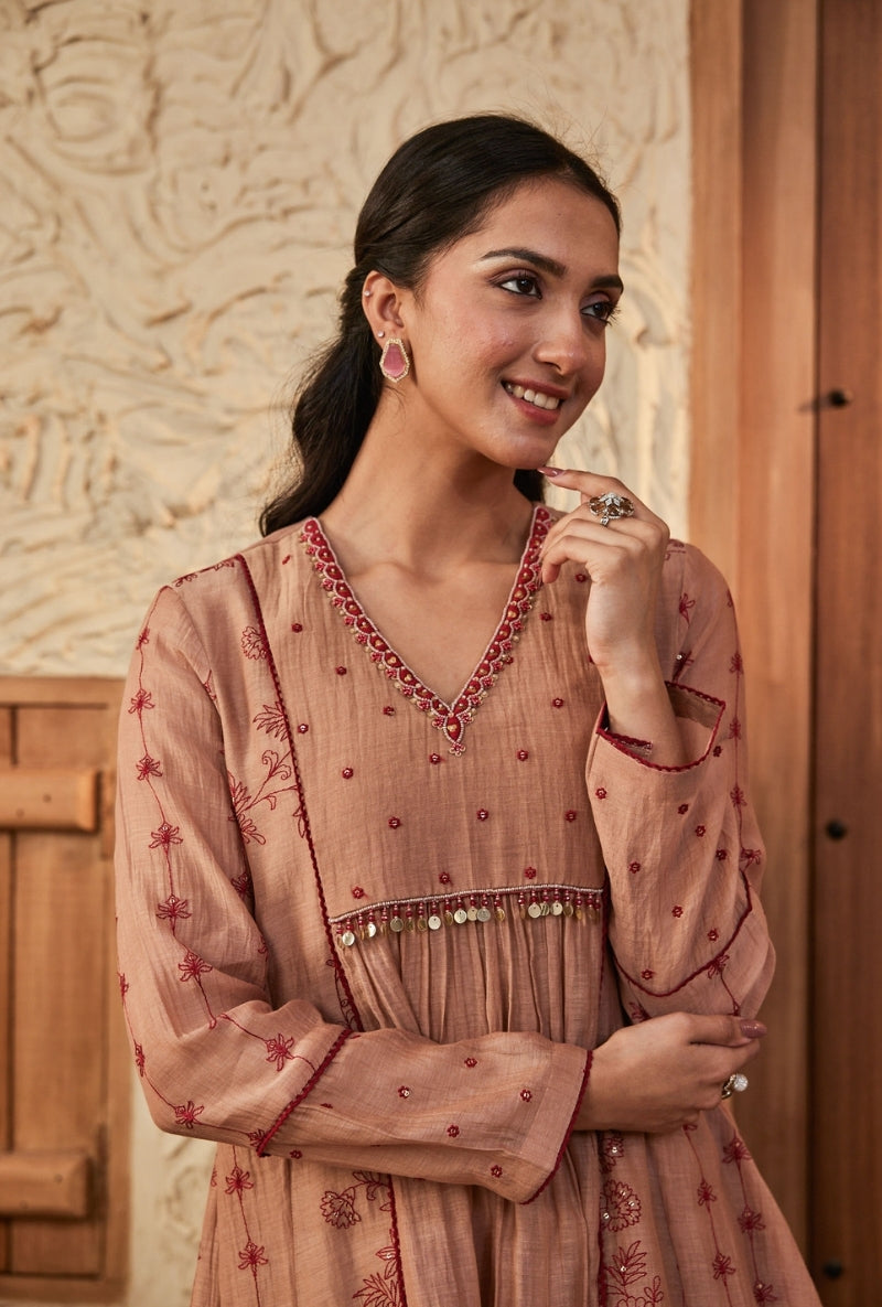 Old Rose Red Thread Work Short Aadhya Co-Ord Set