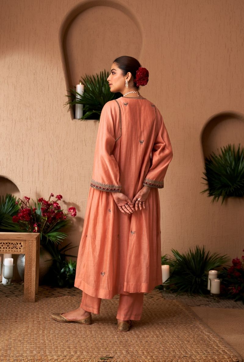 Peach Square Sleeve Naveli Kurta Set
