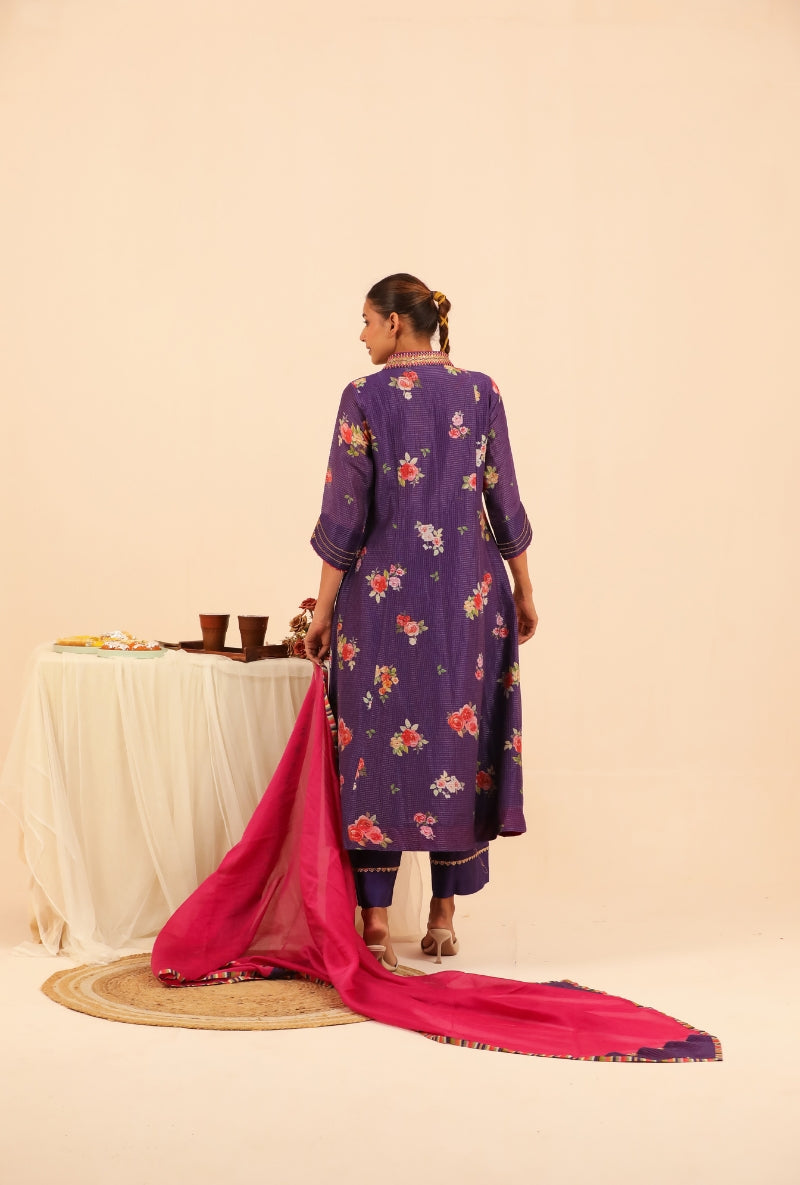 Purple Floral Print A-Line Sakhi Kurta Set