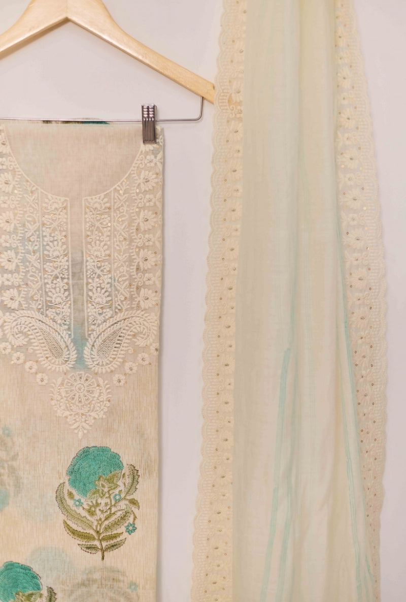 Block Print Thread and Zari Embroidered Unstitched Suit Set