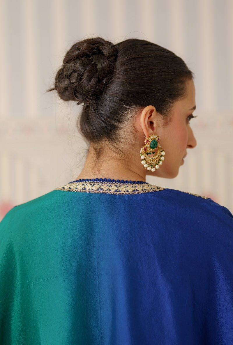 Blue &amp; Green Ombre Heavy Yoke Hand Embroidery Mallika Kurta Set
