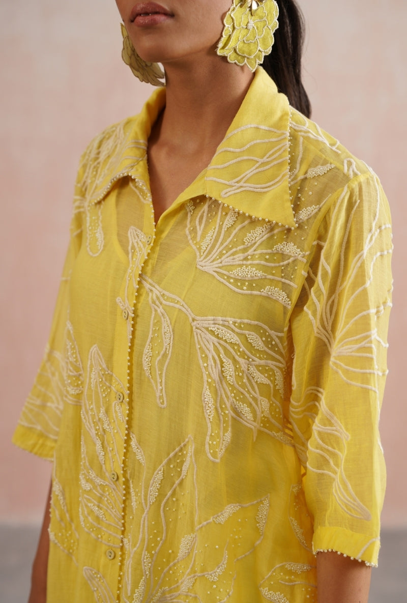 Lemon Yellow Pearl Embroidered Shirt Prisha Co-ord Set