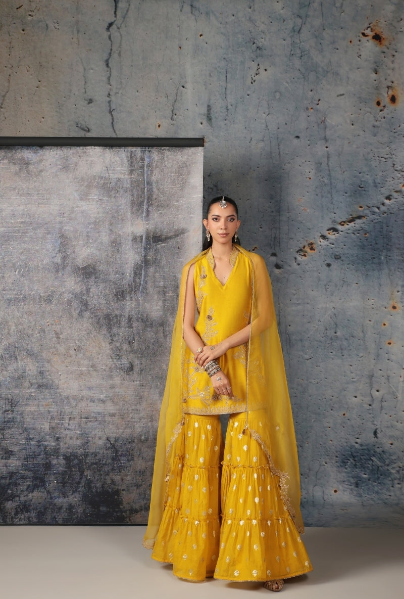 Yellow Sleeveless Nihira Sharara Set