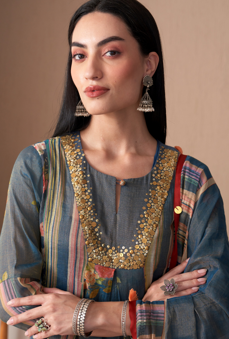 Blue Sequin Yoke Bageecha Anarkali Set
