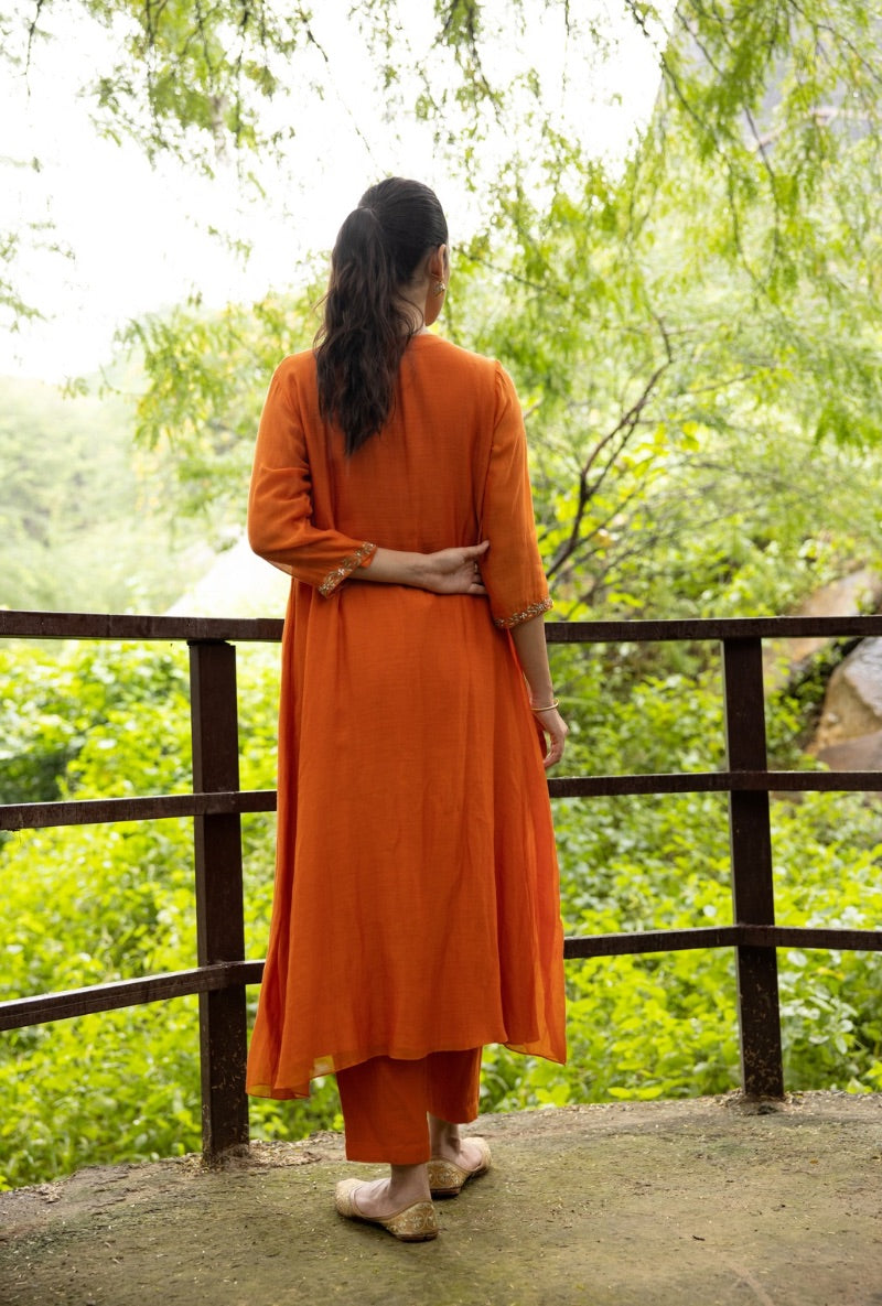 Orange Front Pleat Kurta Set