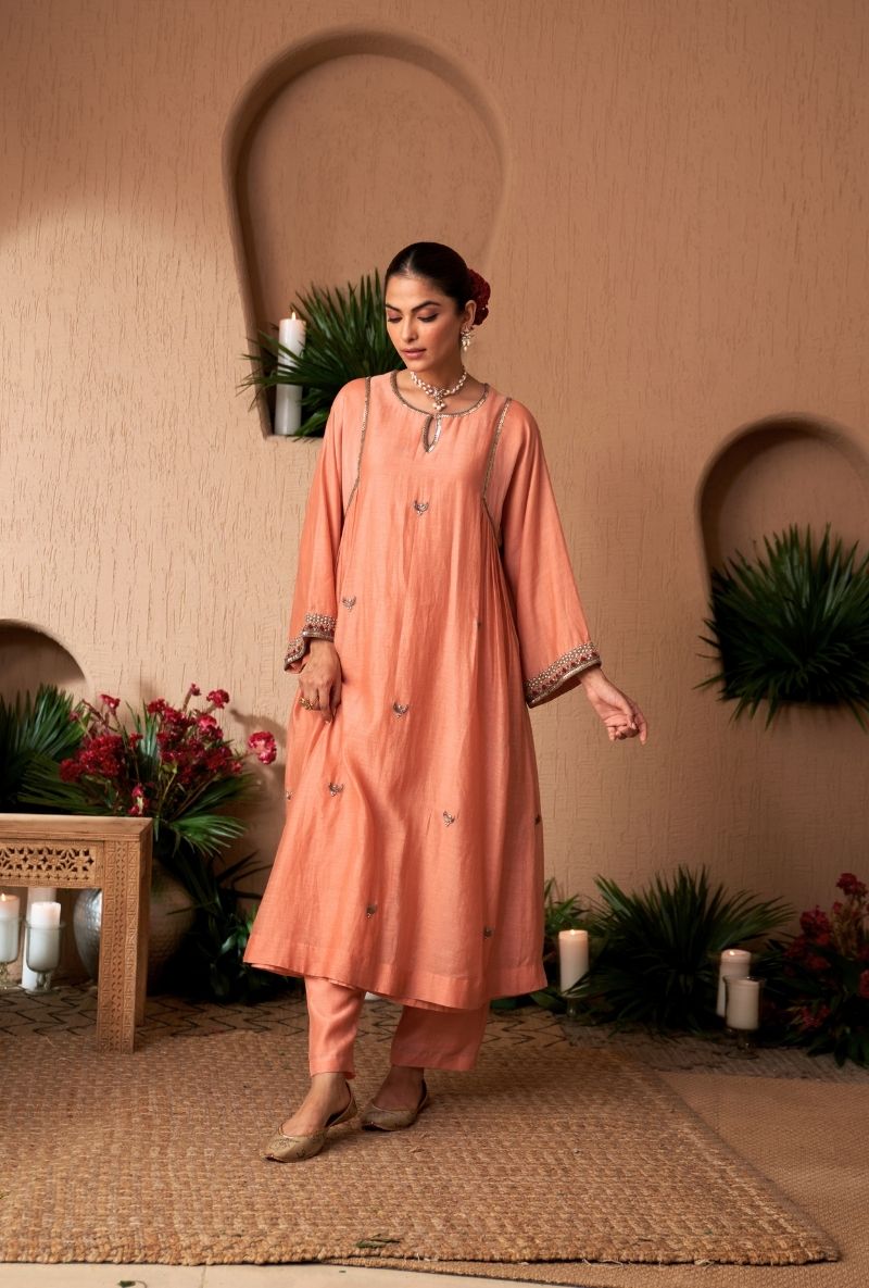 Peach Square Sleeve Naveli Kurta Set