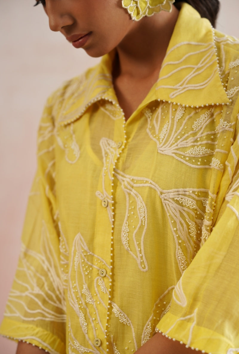 Lemon Yellow Pearl Embroidered Shirt Prisha Co-ord Set