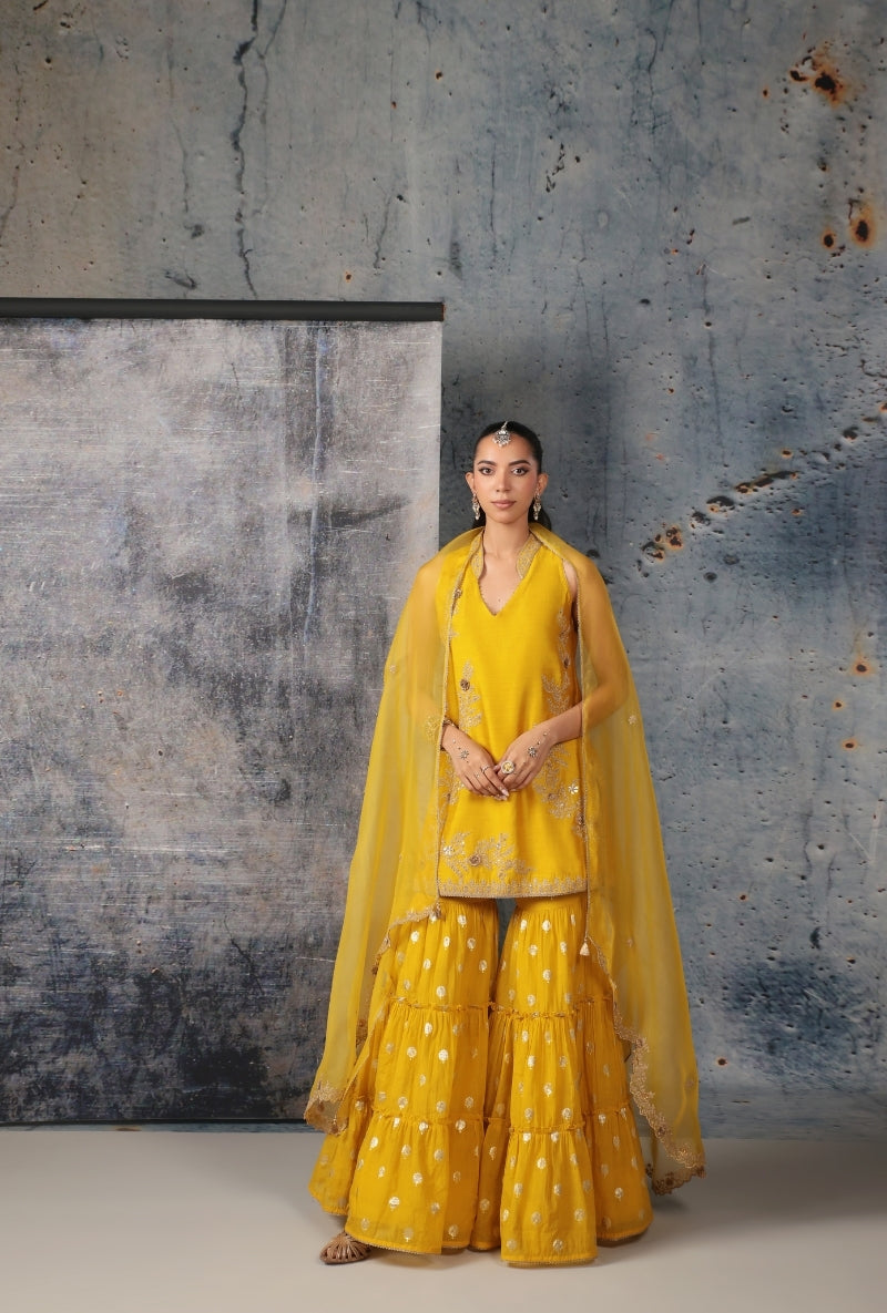 Yellow Sleeveless Nihira Sharara Set