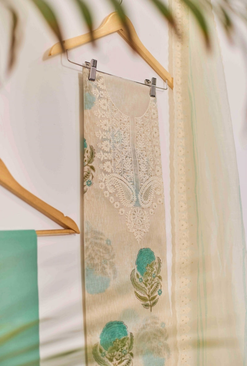 Block Print Thread and Zari Embroidered Unstitched Suit Set