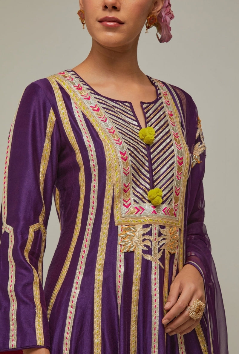 Purple Multistripe Gota long Mehreen Anarkali Set