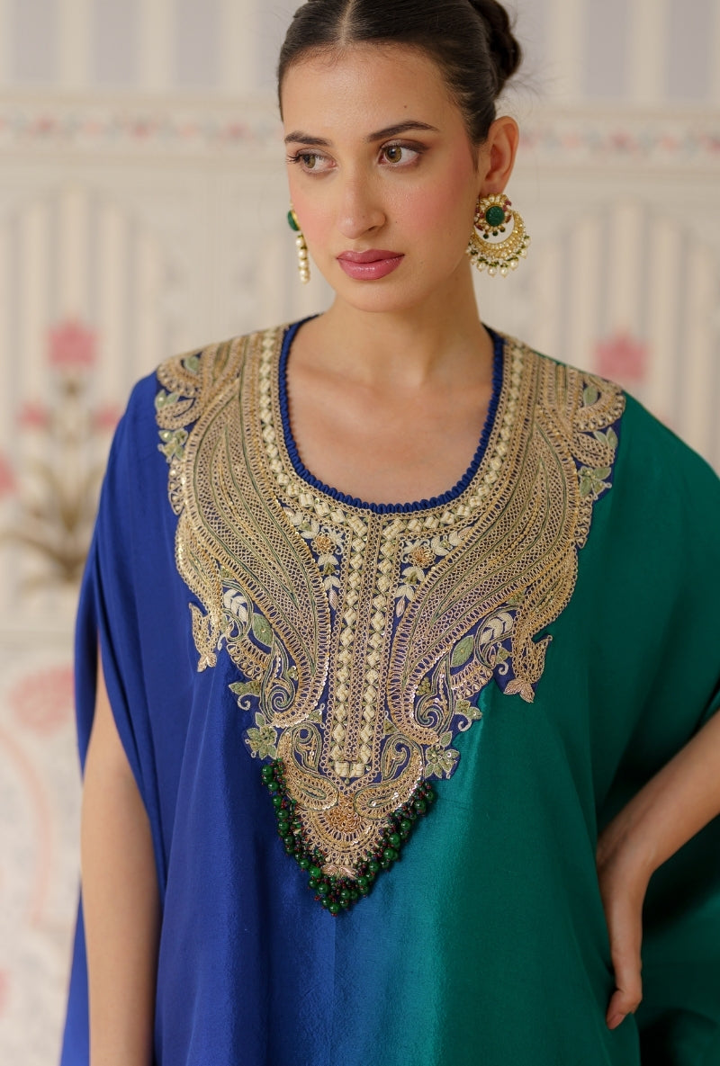 Blue &amp; Green Ombre Heavy Yoke Hand Embroidery Mallika Kurta Set